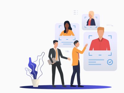 Business leader consulting HR expert. Two men studying candidates profiles. Human resource concept. Vector illustration can be used for topics like employment, personnel search, head hunting